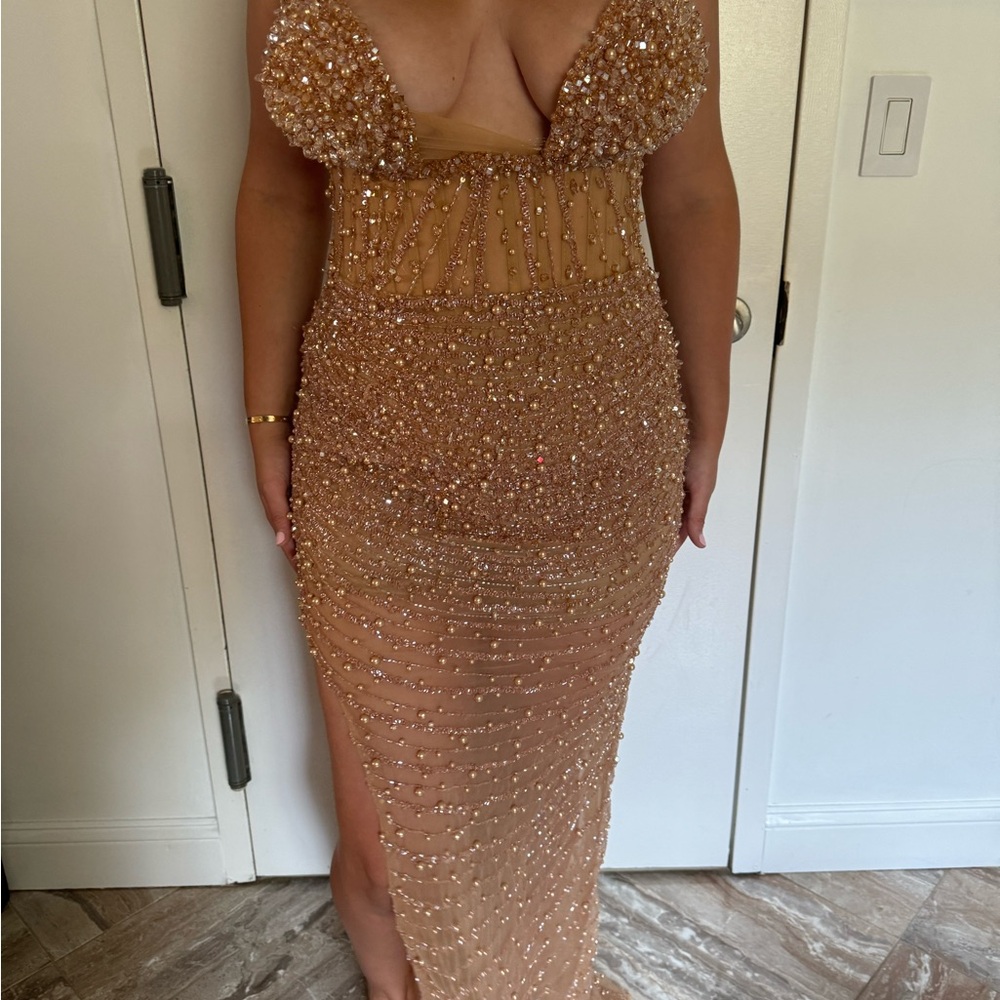 Elegant Sequin Embellished Tan Dress